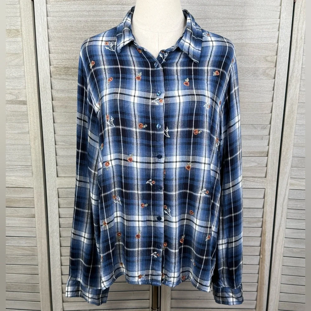 KNOX ROSE Plaid Floral Embroidered Button Down Shirt Blue/Multi-XL - Picture 1 of 4